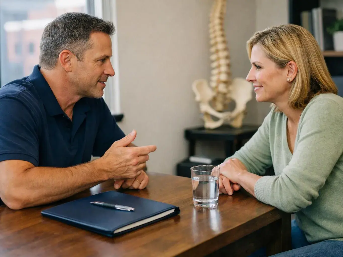 A man and woman sit at a table, smiling and talking with a notebook and water glass between them