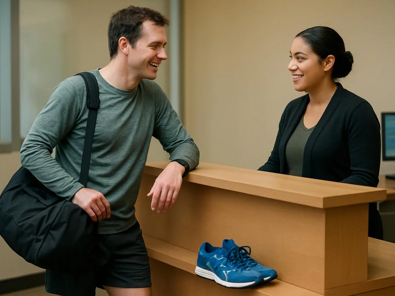 A man and woman smile across a reception desk, with a blue running shoe on the counter