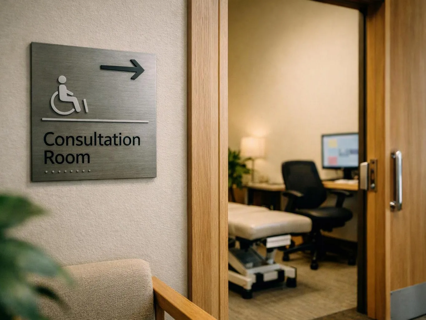 A metal consultation room sign points right beside an open exam room with a chair and table