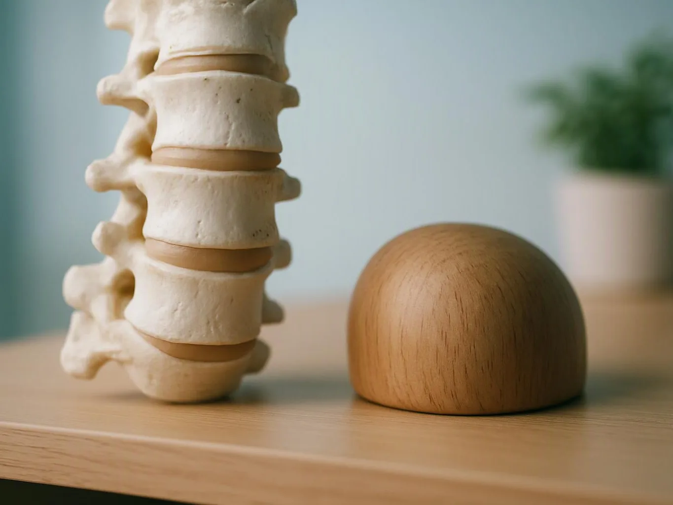 A model spine stands beside a rounded wooden shape on a light desk with a blurred plant behind them
