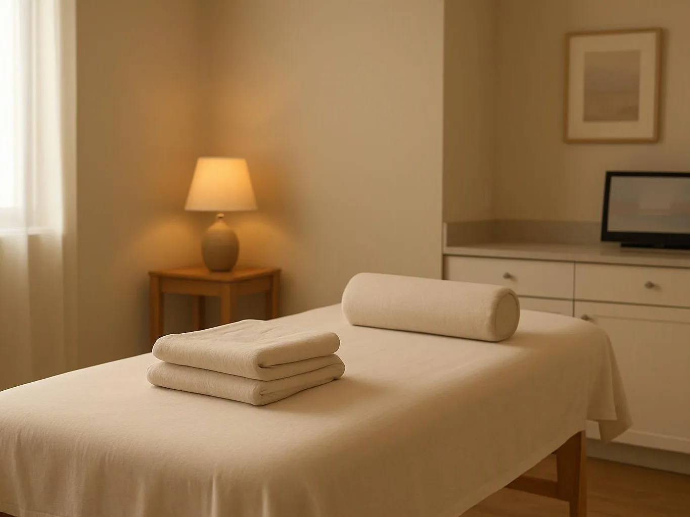 A neatly made massage table with folded towels sits in a softly lit treatment room