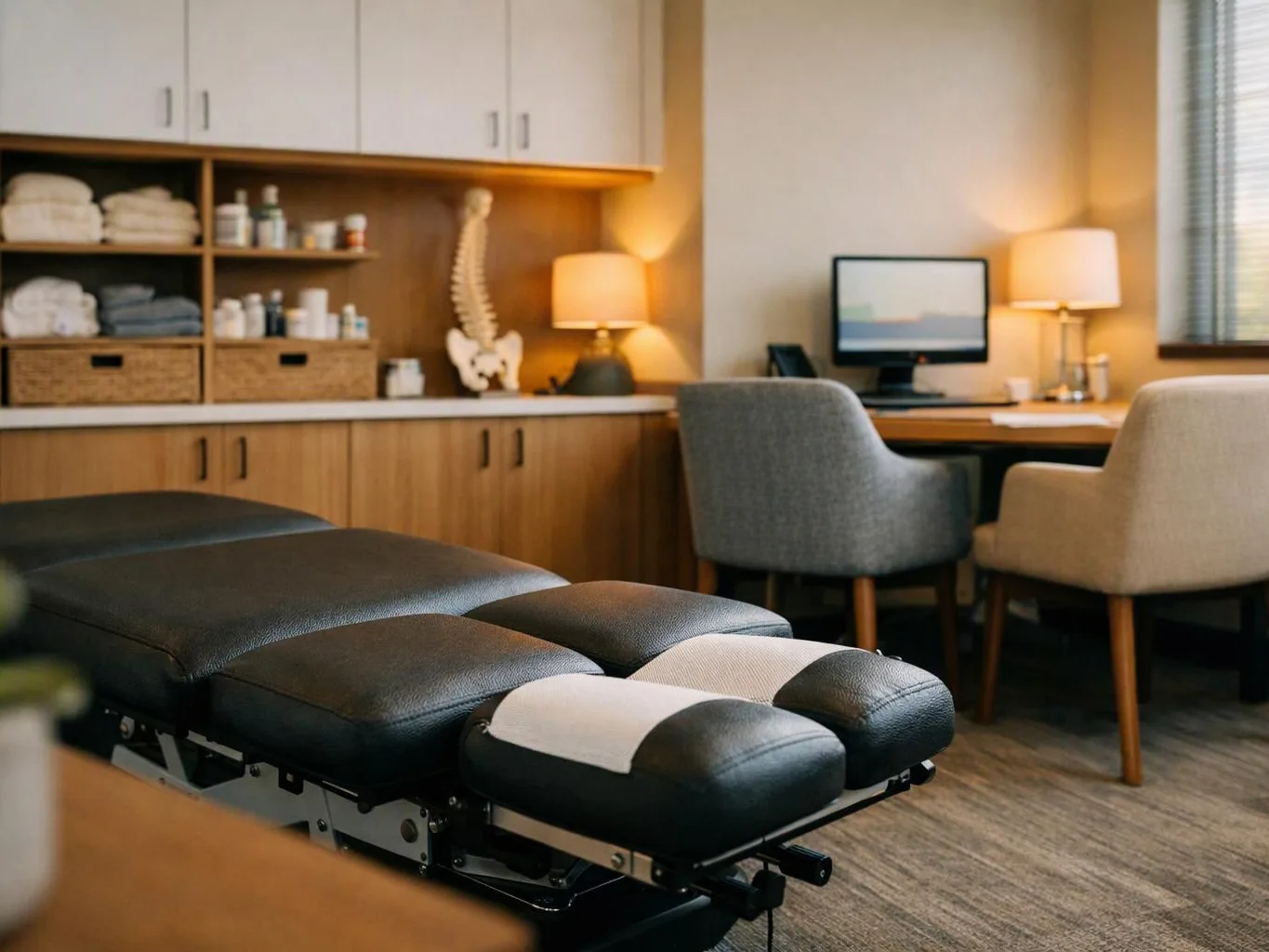 A padded treatment table sits in a neat therapy room beside a desk, lamps, shelves, and chairs