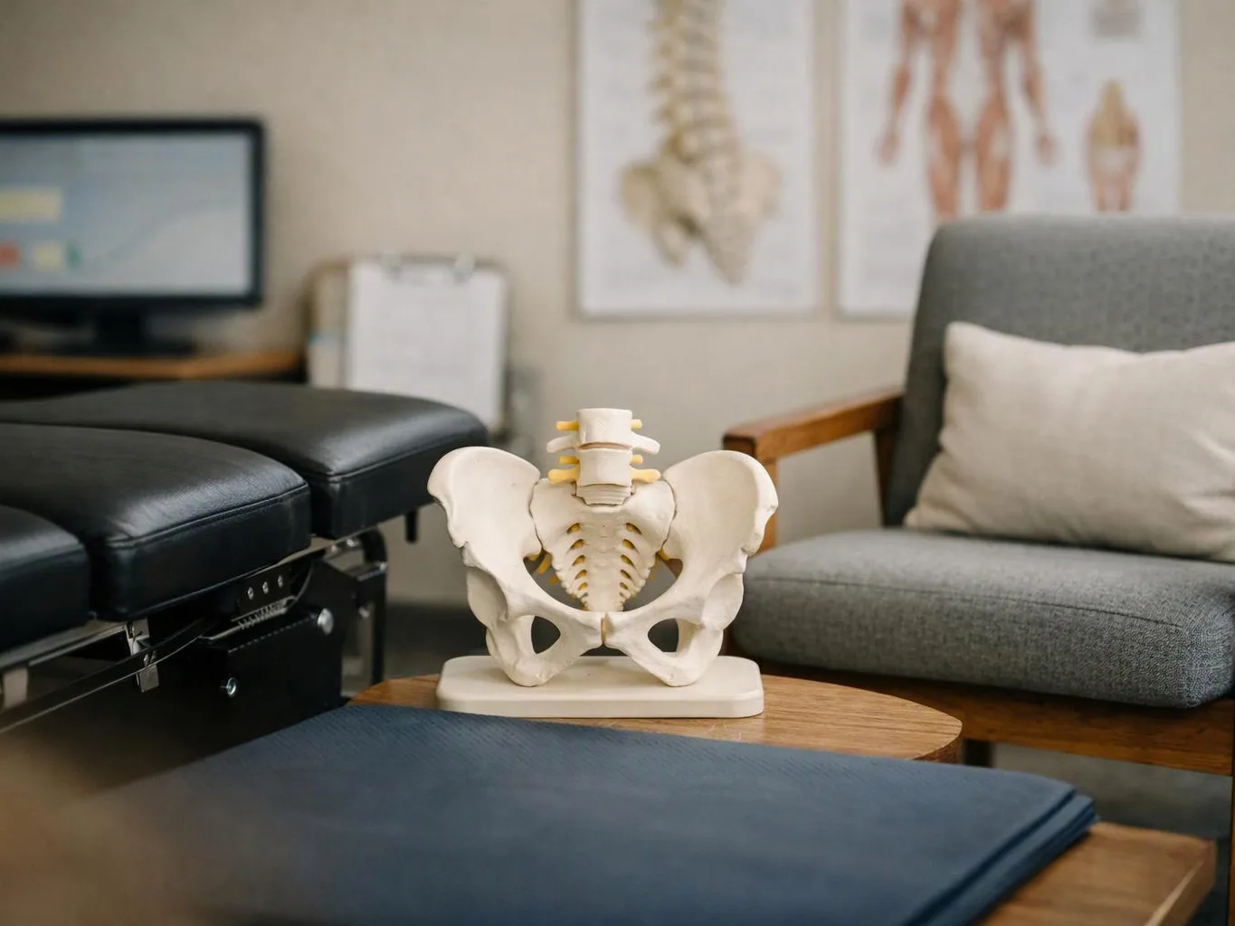 A pelvis model sits on a table between treatment benches and a gray chair in a clinic room
