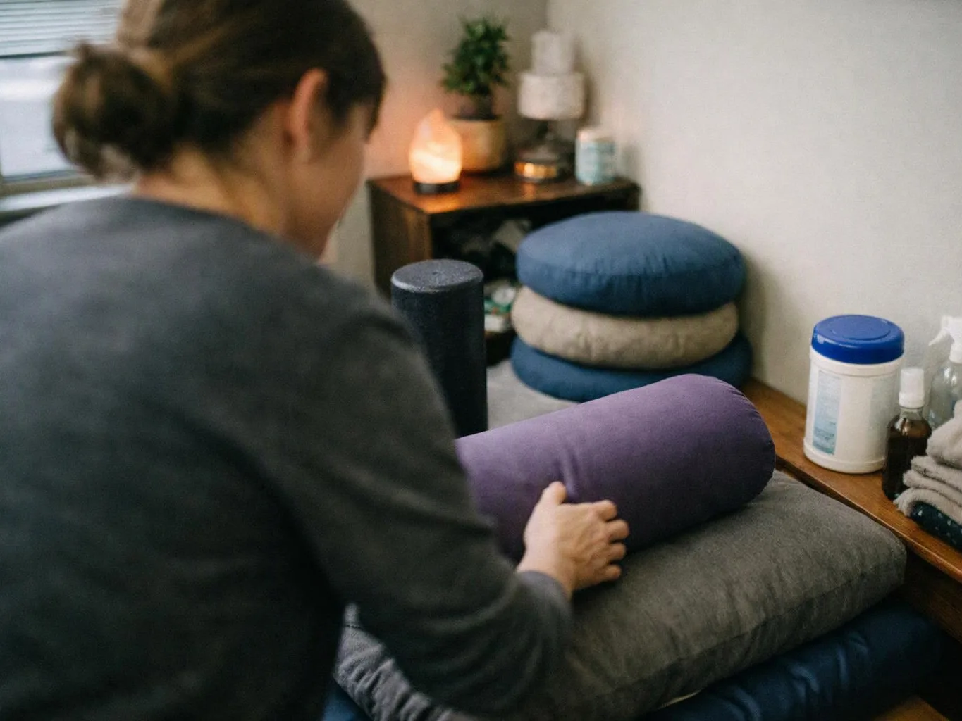 A person arranges stacked meditation cushions and rolled bolsters in a calm room