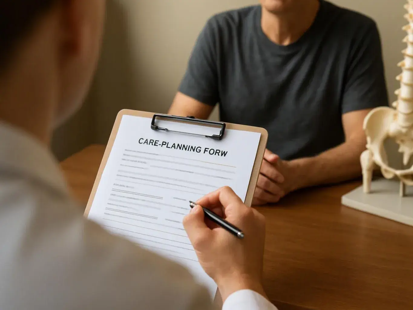 A person fills out a care-planning form across a table while another sits nearby in a clinic setting