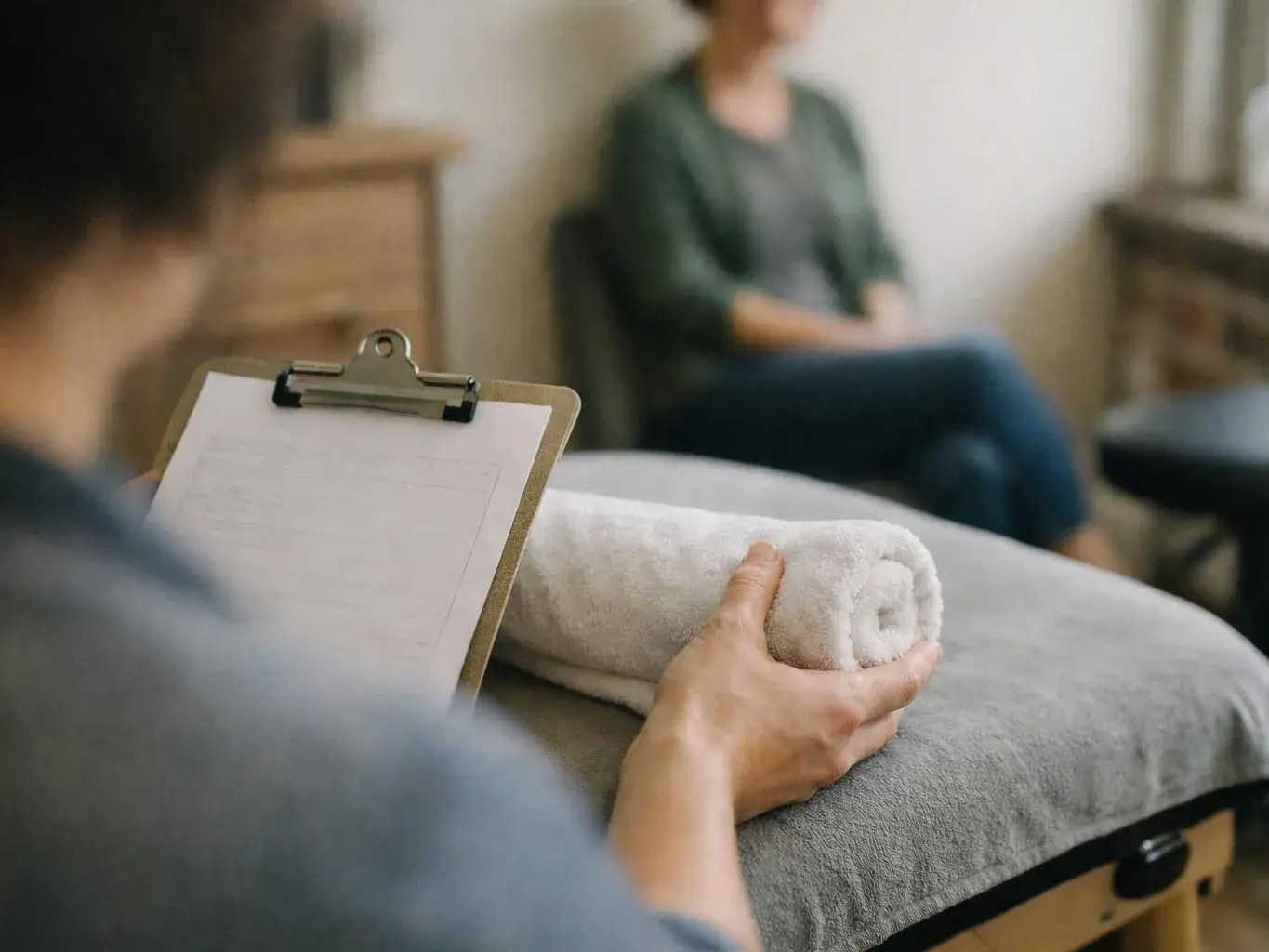 A person holds a rolled white towel beside a clipboard while another person sits blurred in a calm room