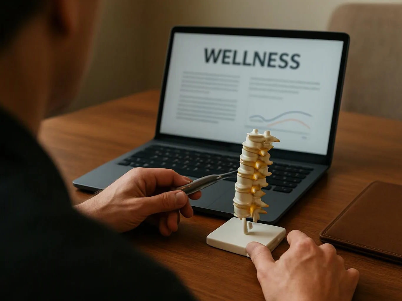 A person holds a spine model beside a laptop showing “WELLNESS” on a desk