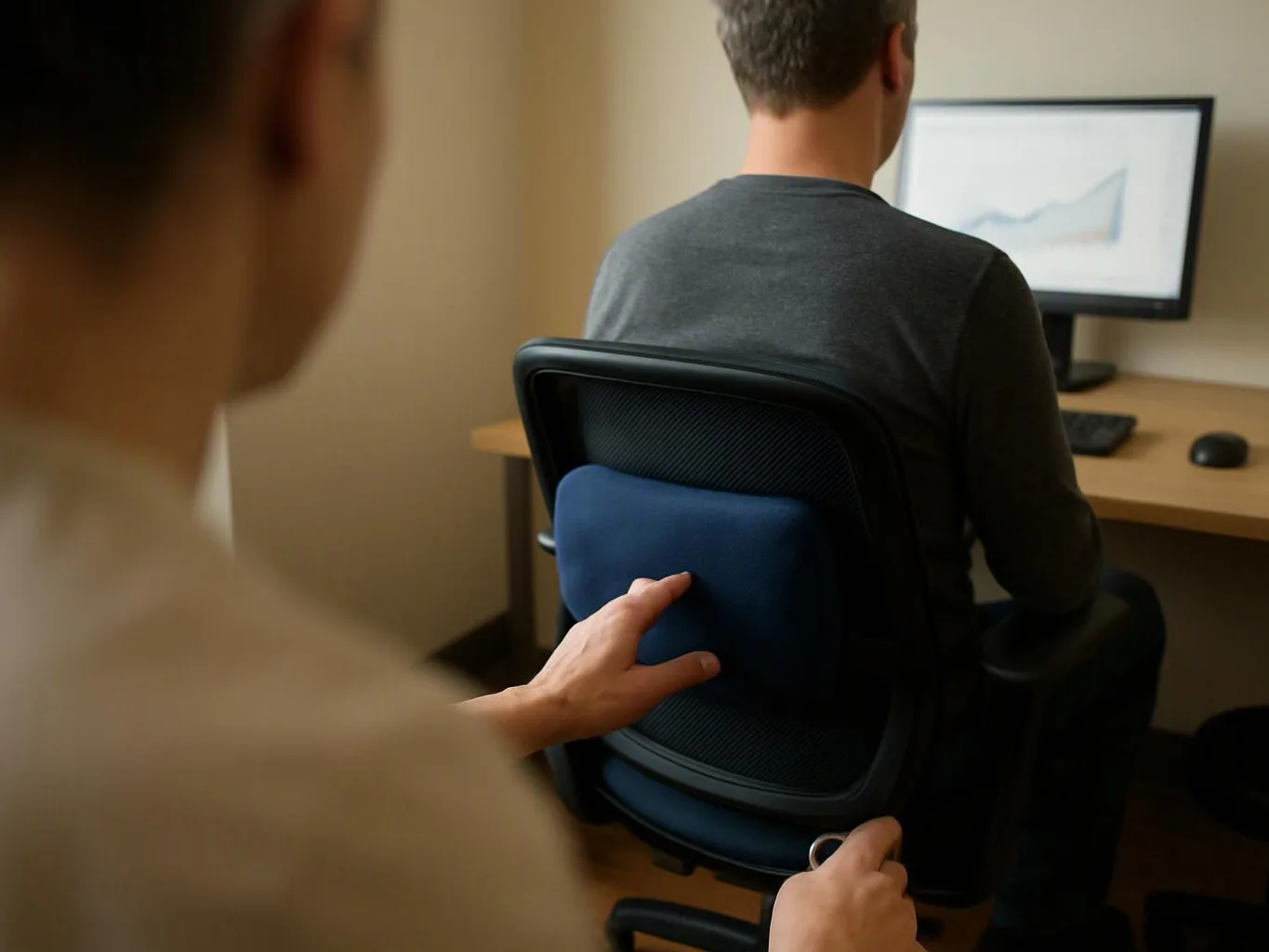 A person massages another person's back while they sit at a desk facing a computer screen