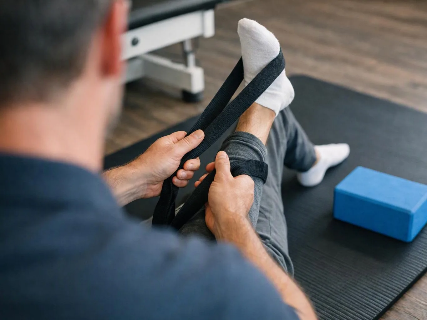 A person on a mat stretches one leg with a strap, beside a blue foam block