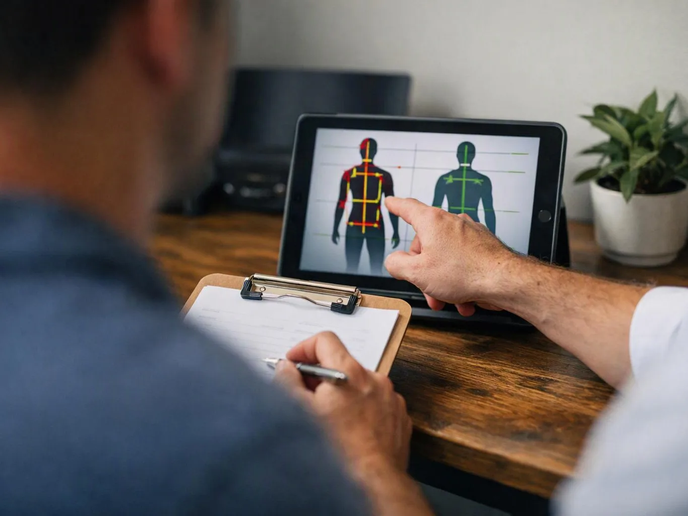 A person points at body posture diagrams on a tablet while another writes on a clipboard at a desk