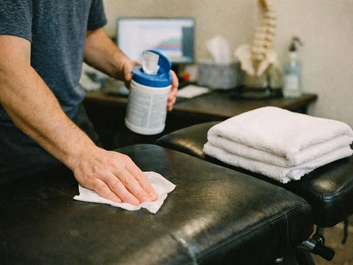 A person wipes a black padded bench with a cloth, beside folded white towels in a clinic-like room