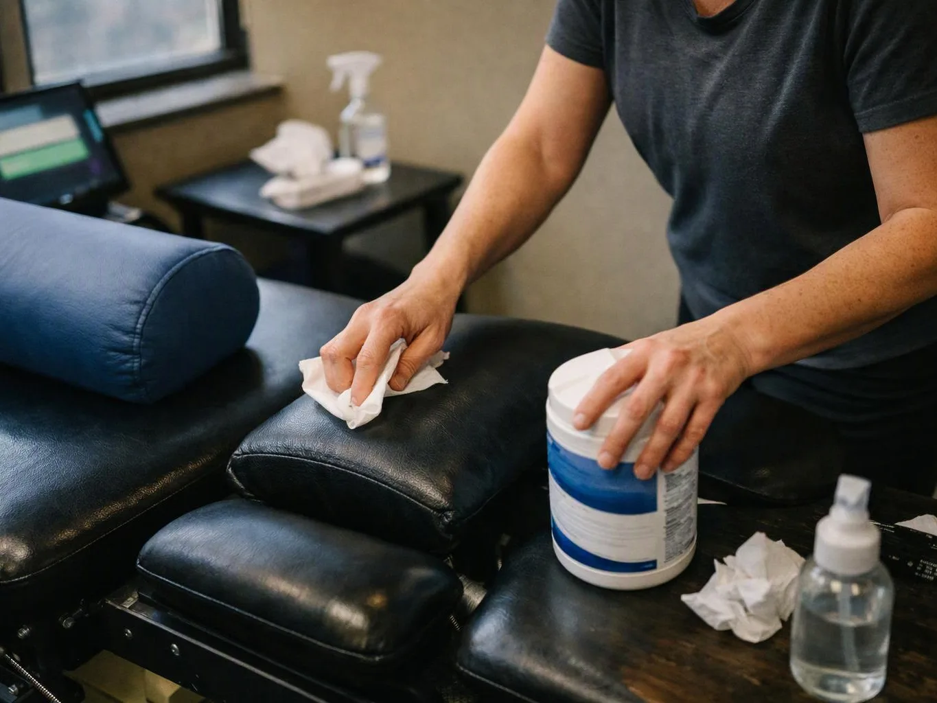 A person wipes a black padded treatment table while holding a white cleaning tub in a small room