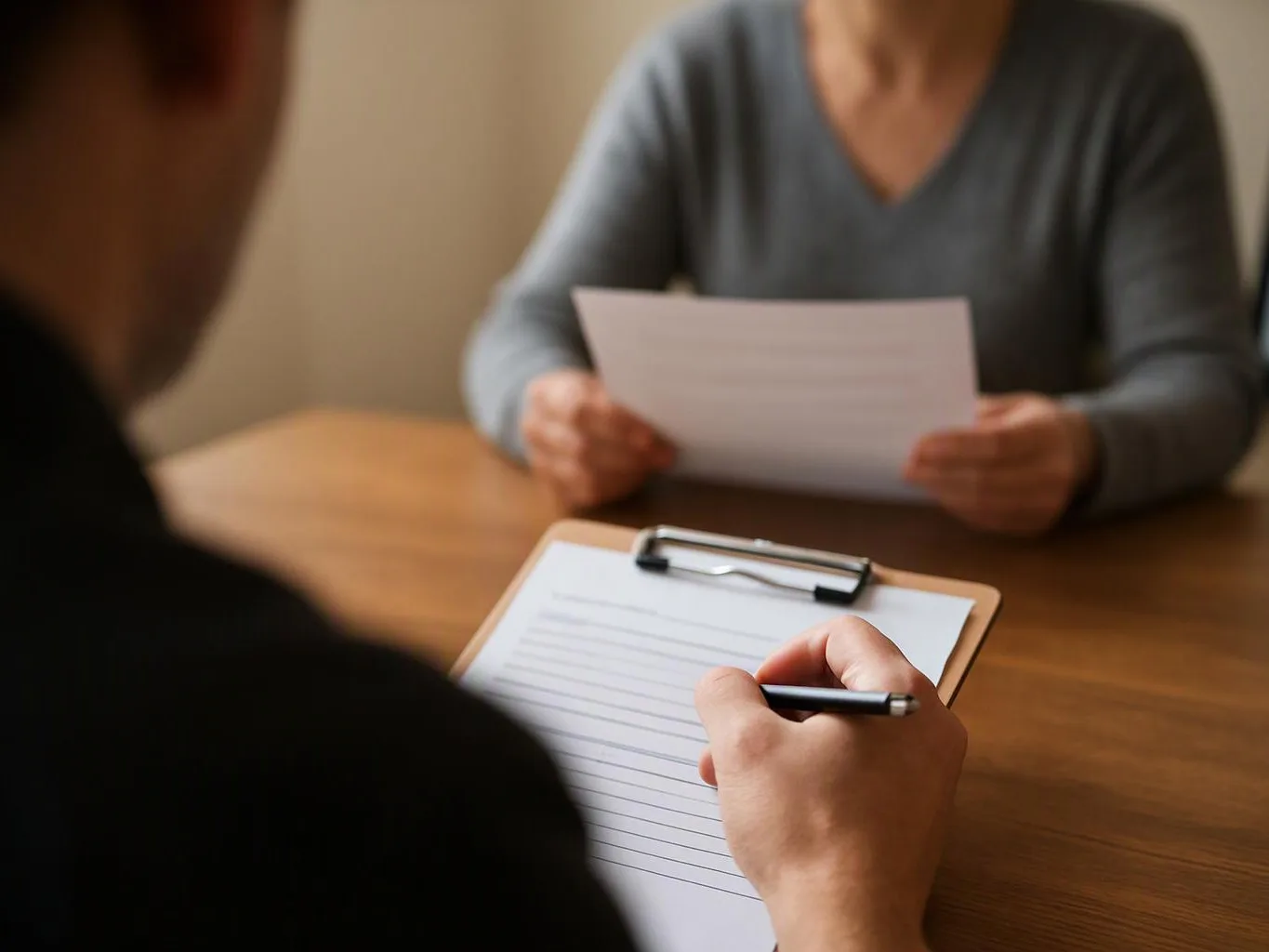 A person writes on a clipboard while another holds a paper across a wooden table indoors