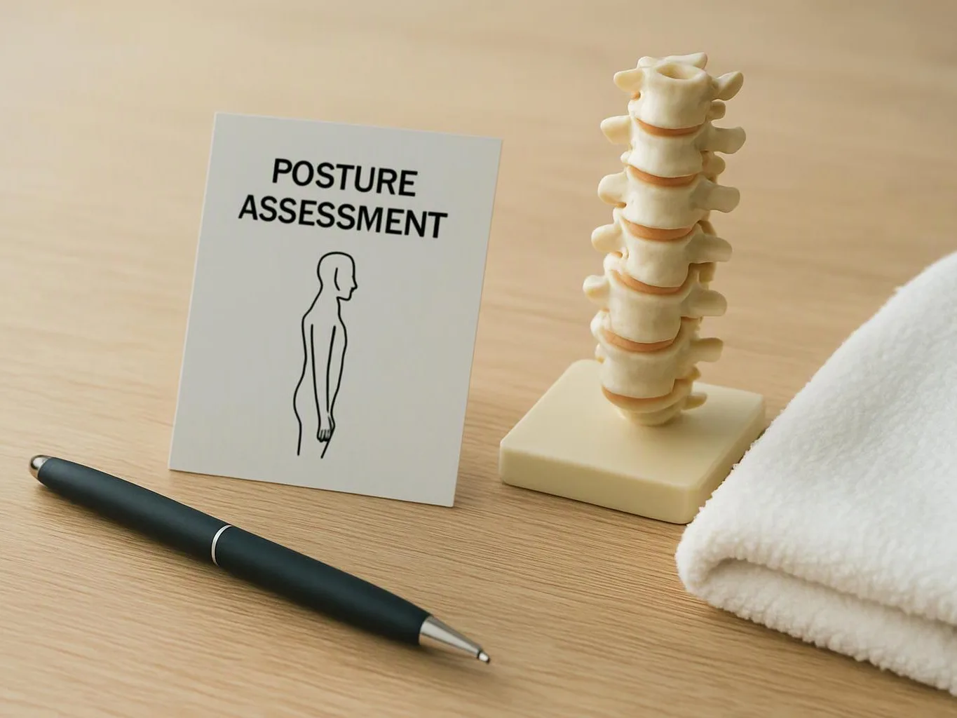 A posture assessment card stands beside a spine model, a pen, and a folded towel on a wooden table