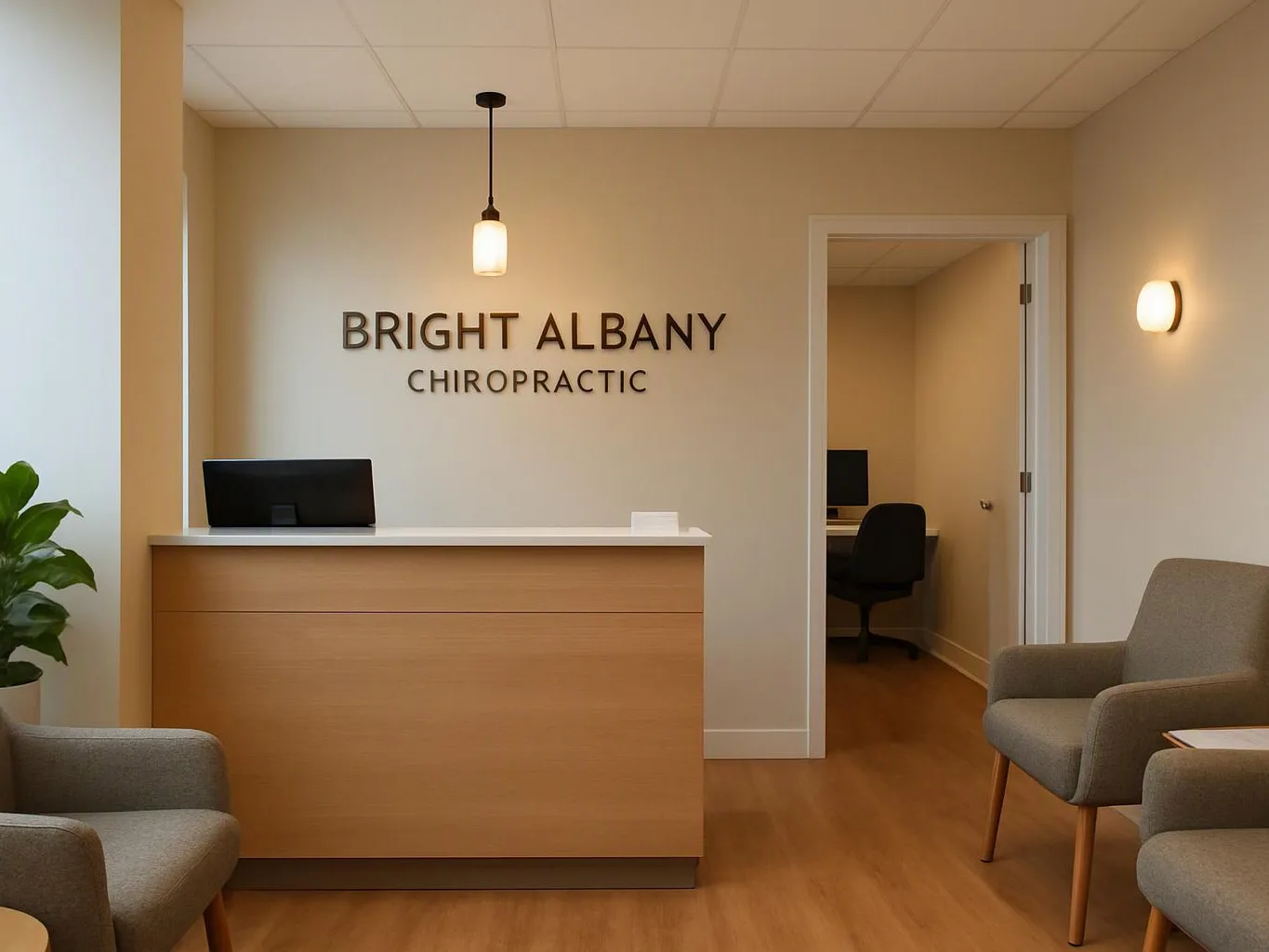A quiet chiropractic reception area with a wooden desk, chairs, and a lit sign on the wall