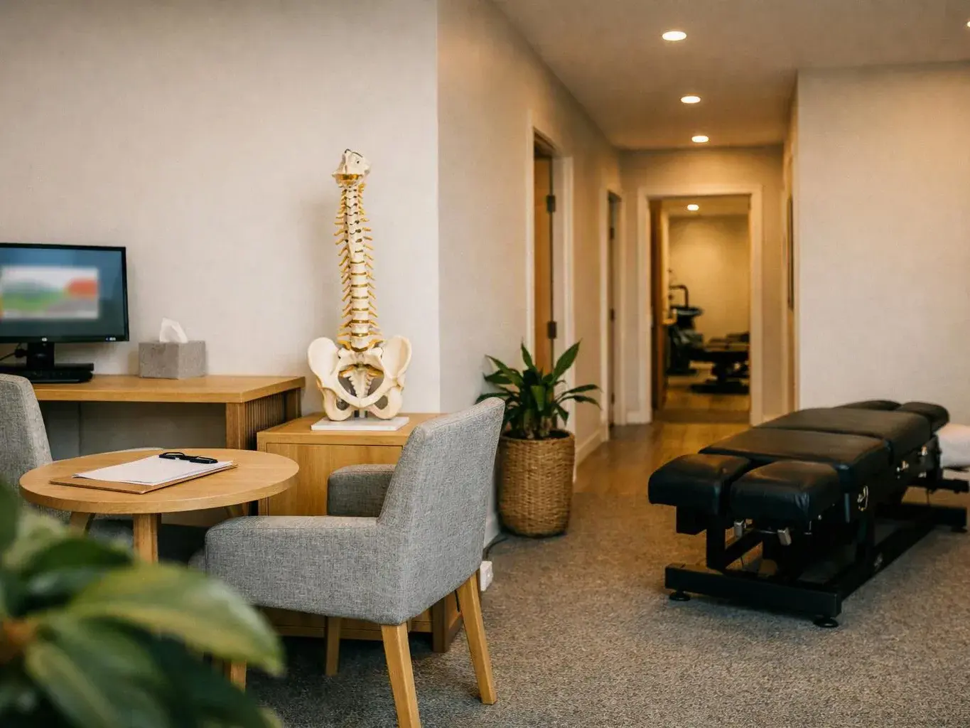 A quiet clinic room shows a spine model, exam table, desk, chairs, and hallway doors