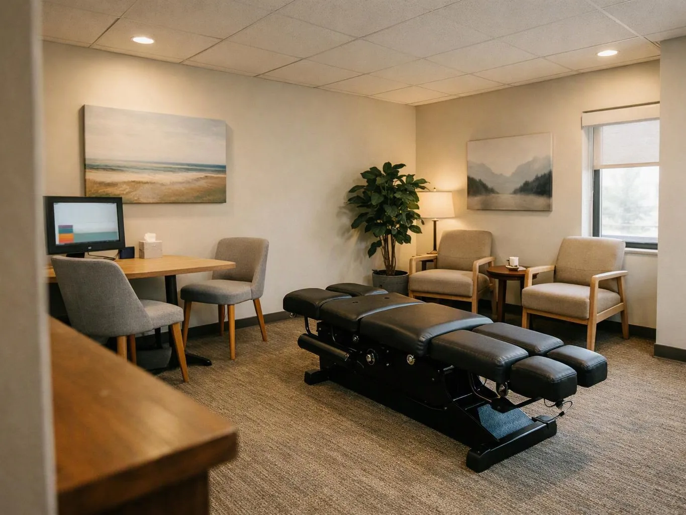 A quiet exam room has a black treatment table, chairs, a desk, a lamp, and wall art