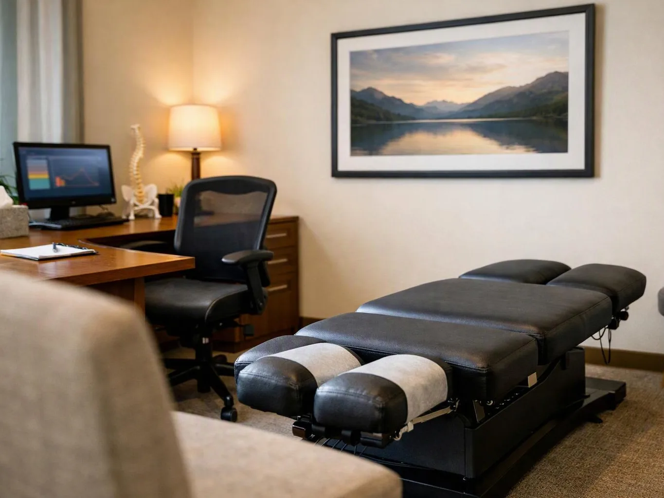 A quiet exam room shows a padded treatment table, desk, chair, lamp, and framed landscape photo