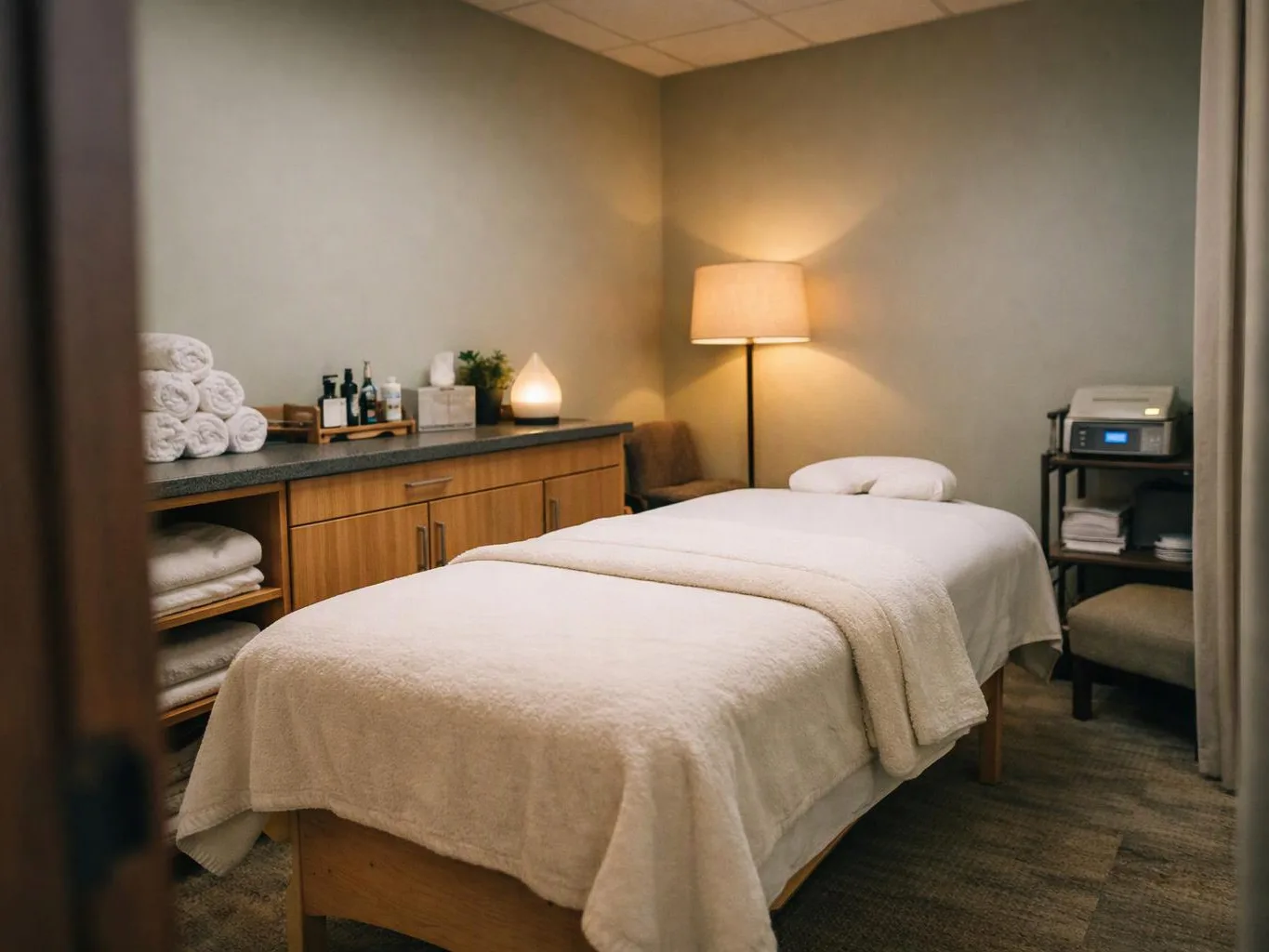 A quiet spa room has a massage table, folded towels, a floor lamp, and small shelves with bottles