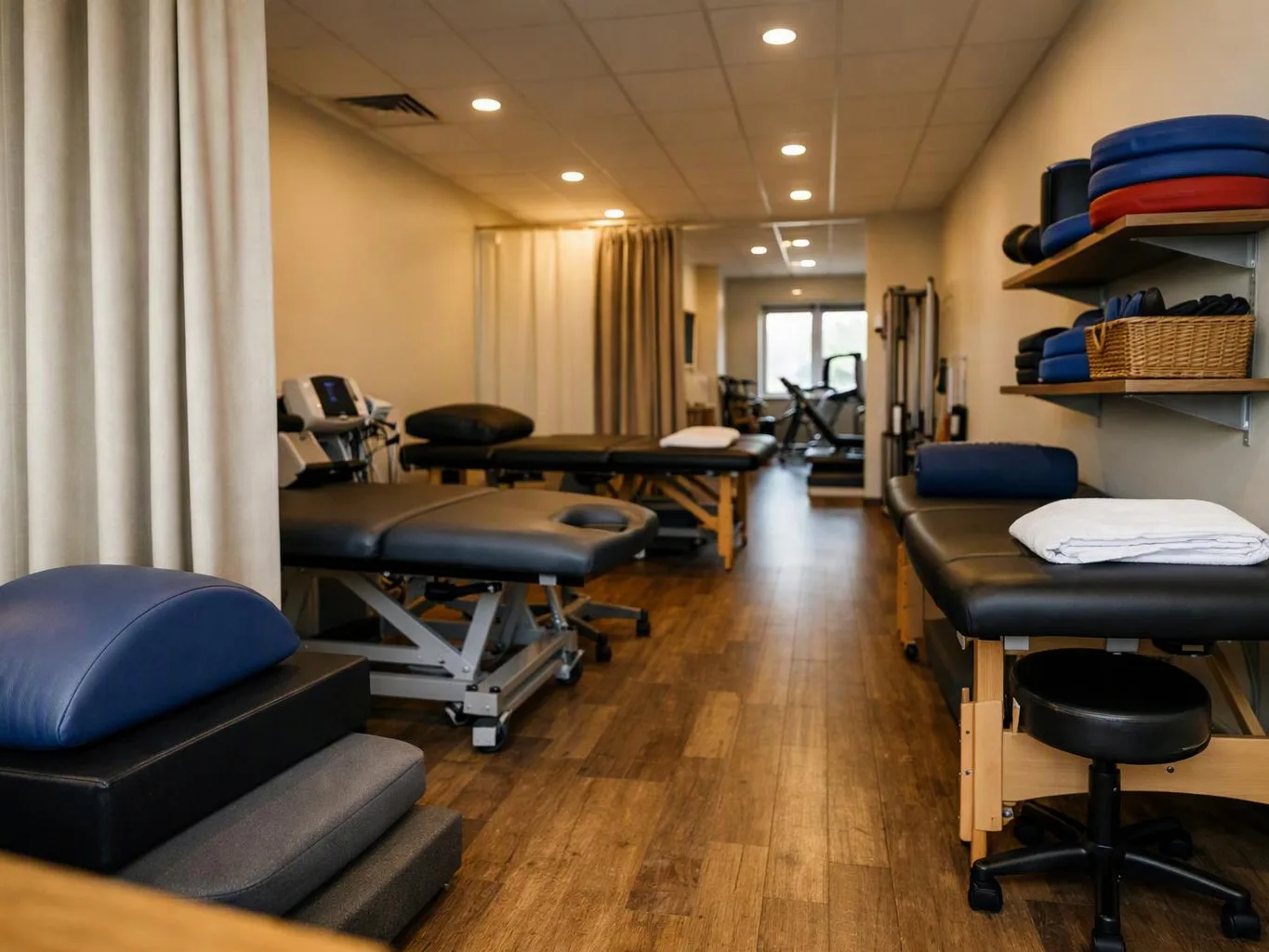 A quiet therapy room with padded tables, folded towels, exercise gear, and curtained treatment areas