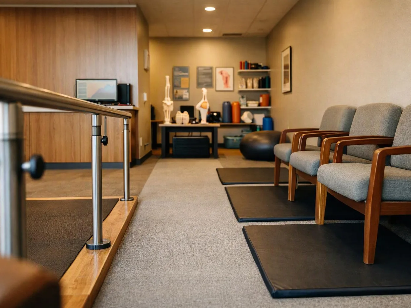 A quiet therapy waiting room with gray chairs, exercise mats, and rehab equipment along the back wall