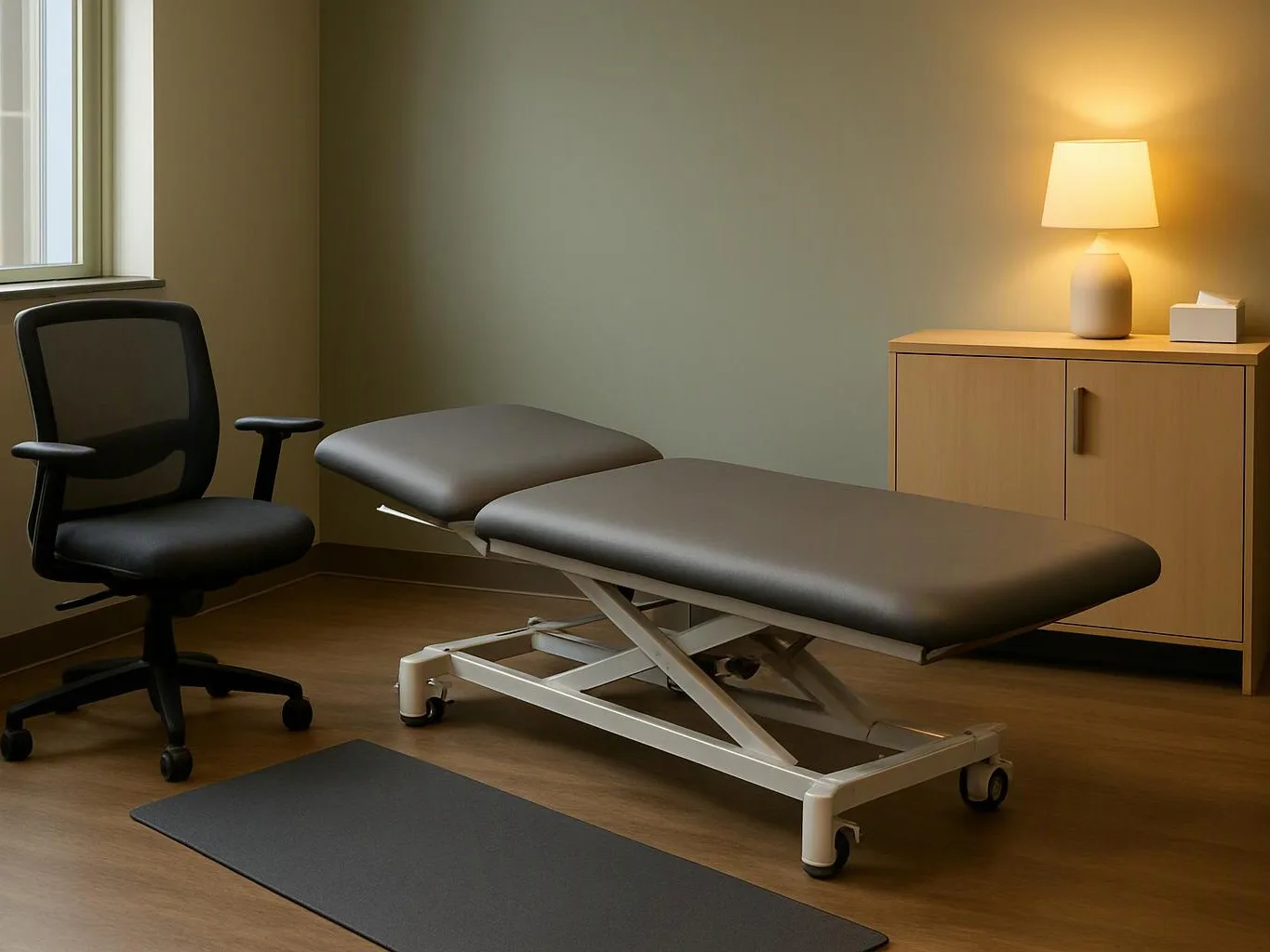 A quiet treatment room shows a padded exam table, an office chair, a lamp, and a cabinet