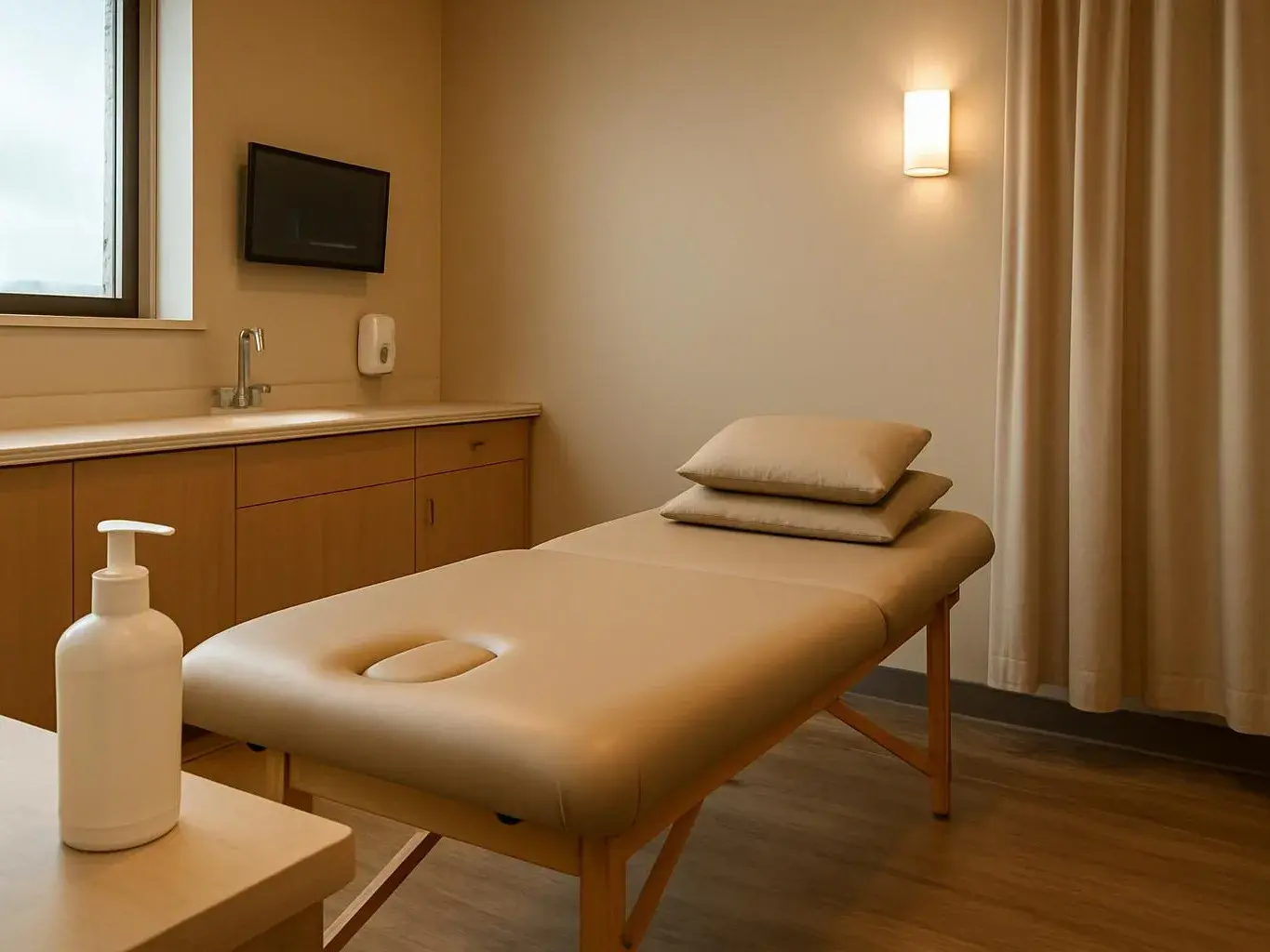A quiet treatment room shows a padded massage table, folded pillows, a sink, a wall screen, and a soap dispenser