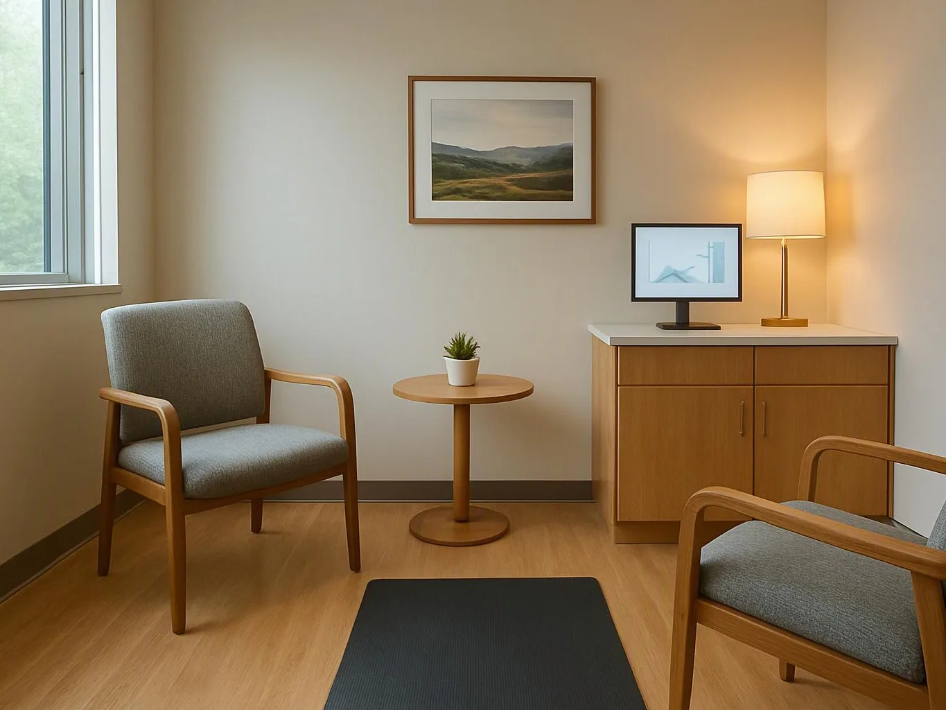 A quiet waiting room has two gray chairs, a small table, a cabinet, a lamp, and framed wall art