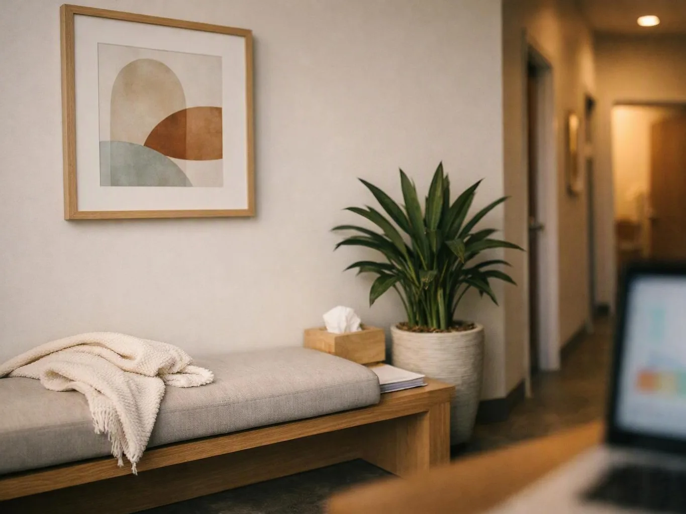 A quiet waiting room shows a cushioned bench, framed abstract art, a potted plant, and warm hallway light