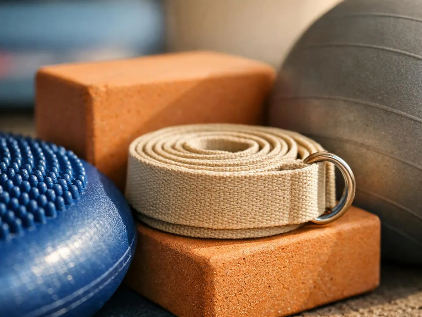 A rolled beige yoga strap rests on a brick with exercise props around it
