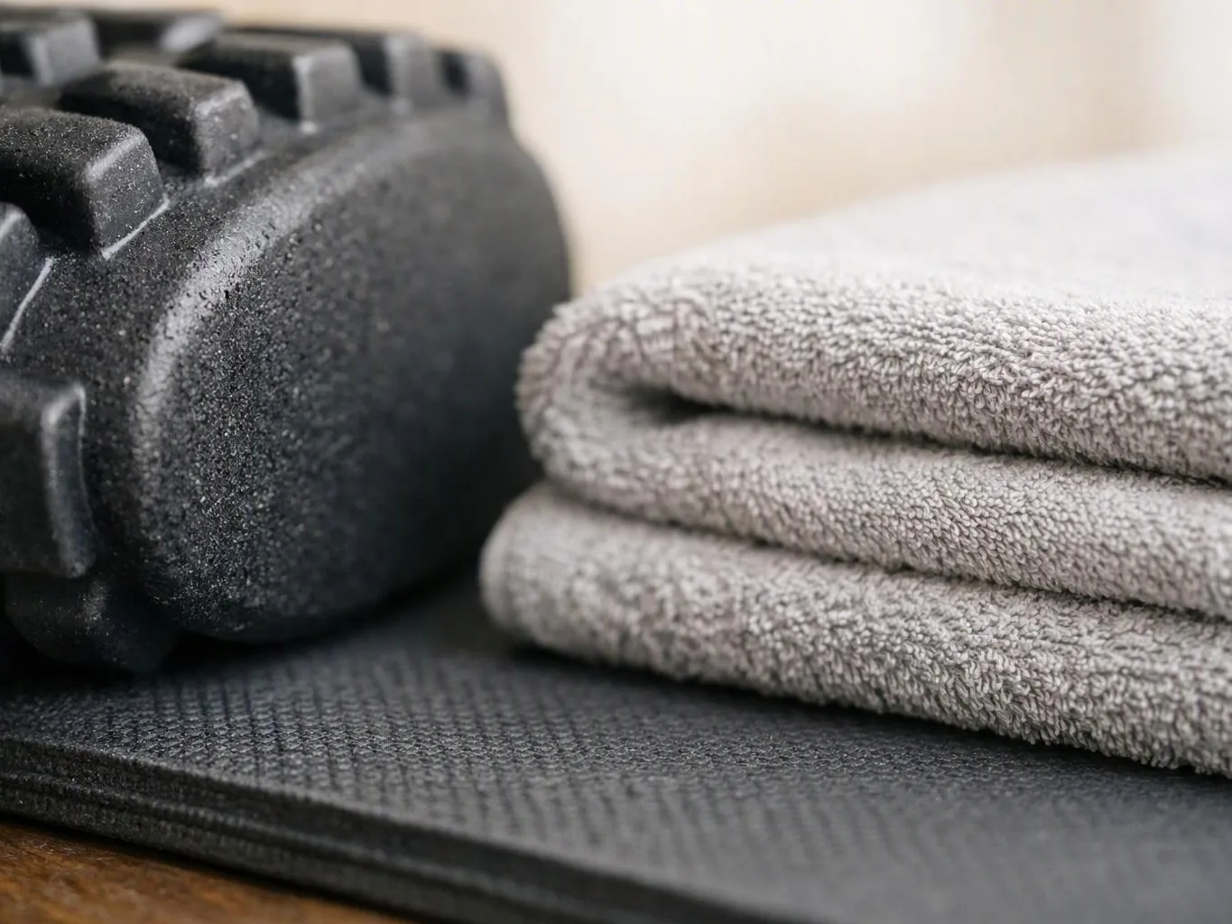 A rolled black foam exercise mat rests beside folded gray towels on a textured mat surface