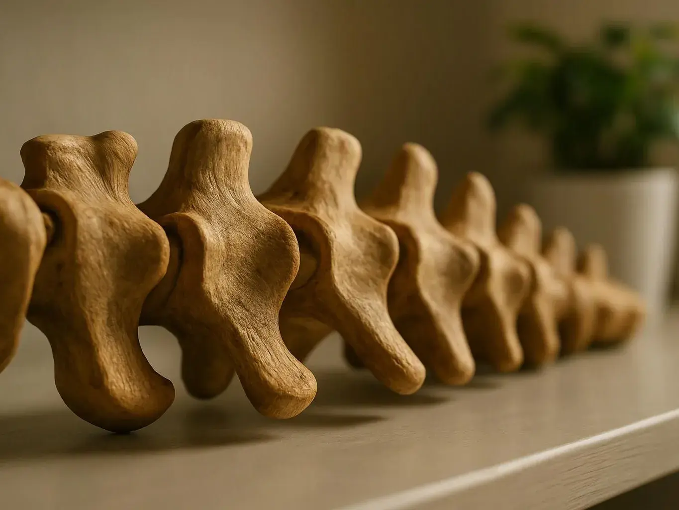 A row of wooden bone-shaped pieces lines a shelf, with a blurred potted plant in the background
