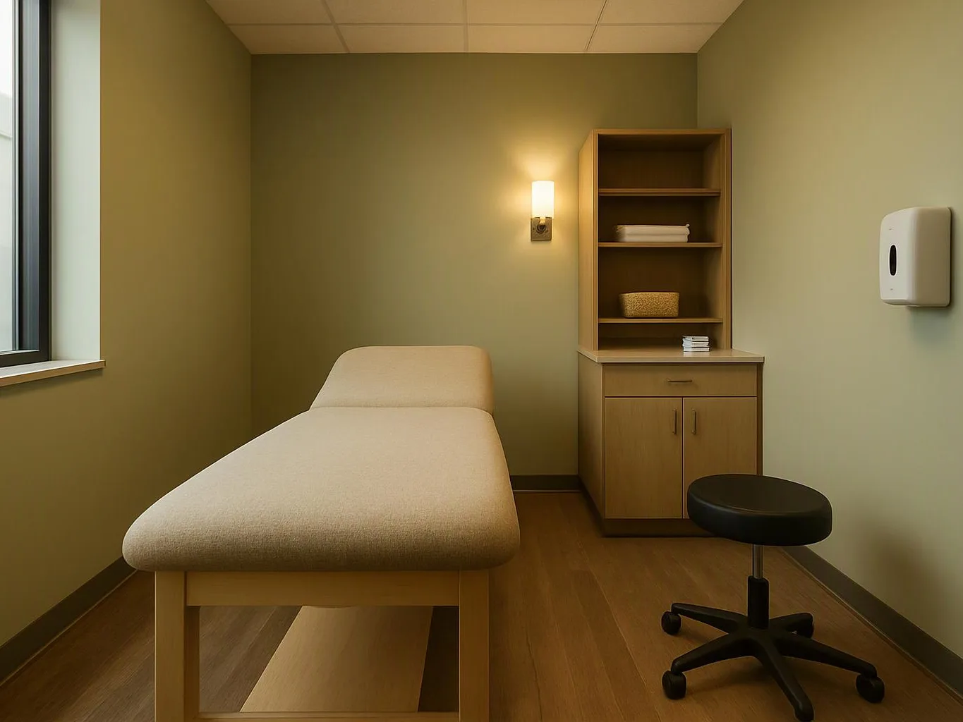A small exam room has a treatment table, a stool, wall shelves, and a dispenser by the wall