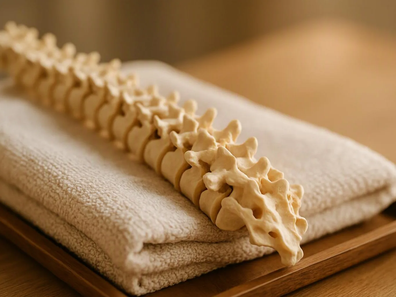 A small spine model rests diagonally on a folded beige towel on a wooden surface