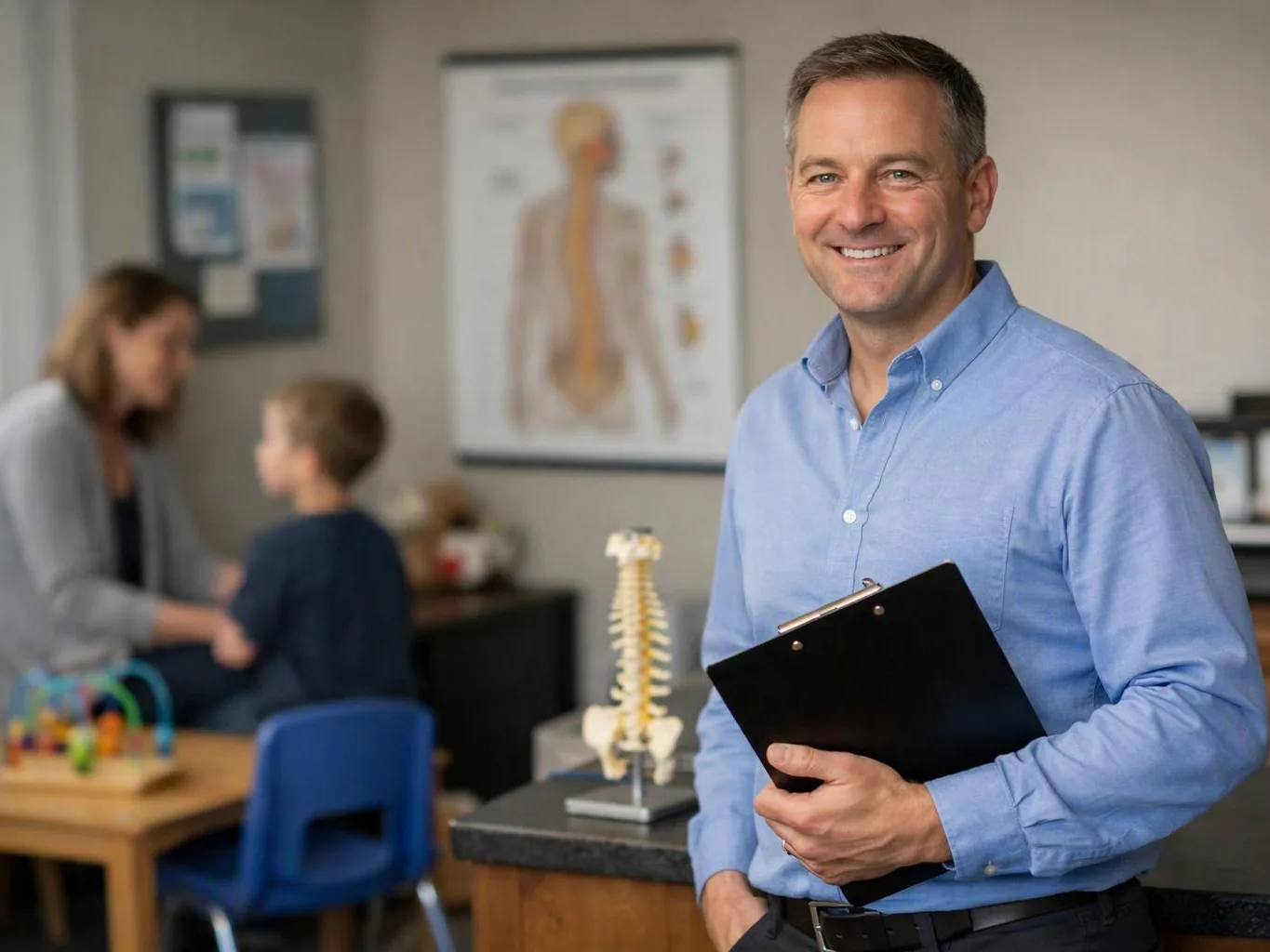 Smiling man in a blue shirt holds a clipboard in a clinic room with a spine model and blurred mother and child in the background