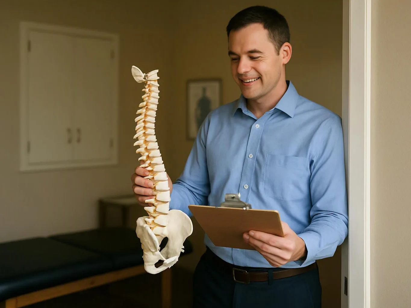 A smiling man in a blue shirt holds a spine model and clipboard in a clinic room