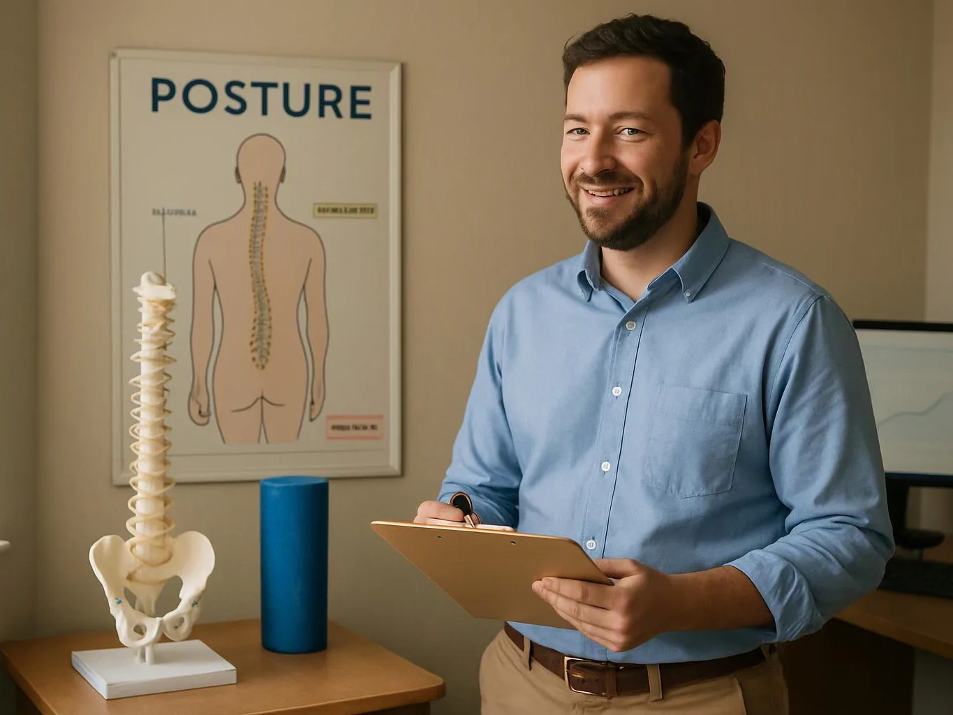 A smiling man holds a clipboard beside a spine model and posture chart in an office