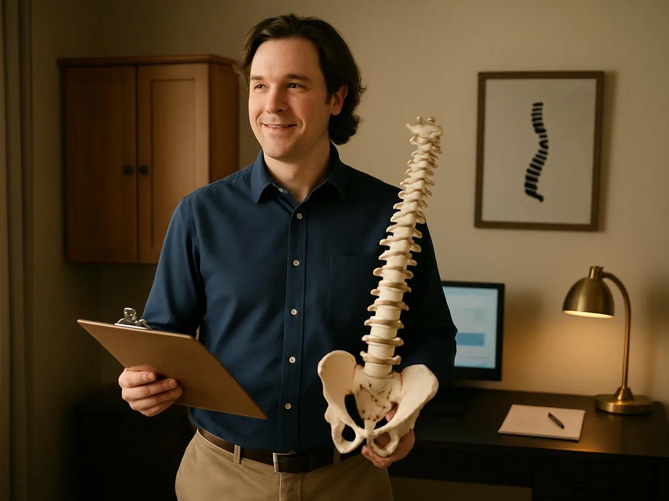A smiling man holds a clipboard and a spine model in a warm office setting