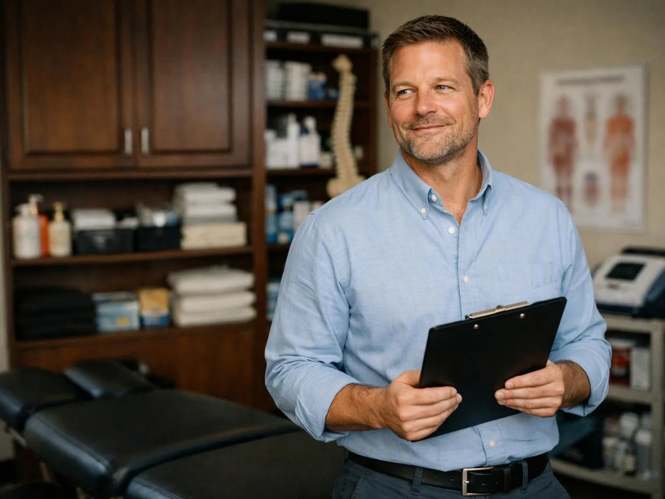 A smiling man in a light blue shirt holds a clipboard inside a medical exam room