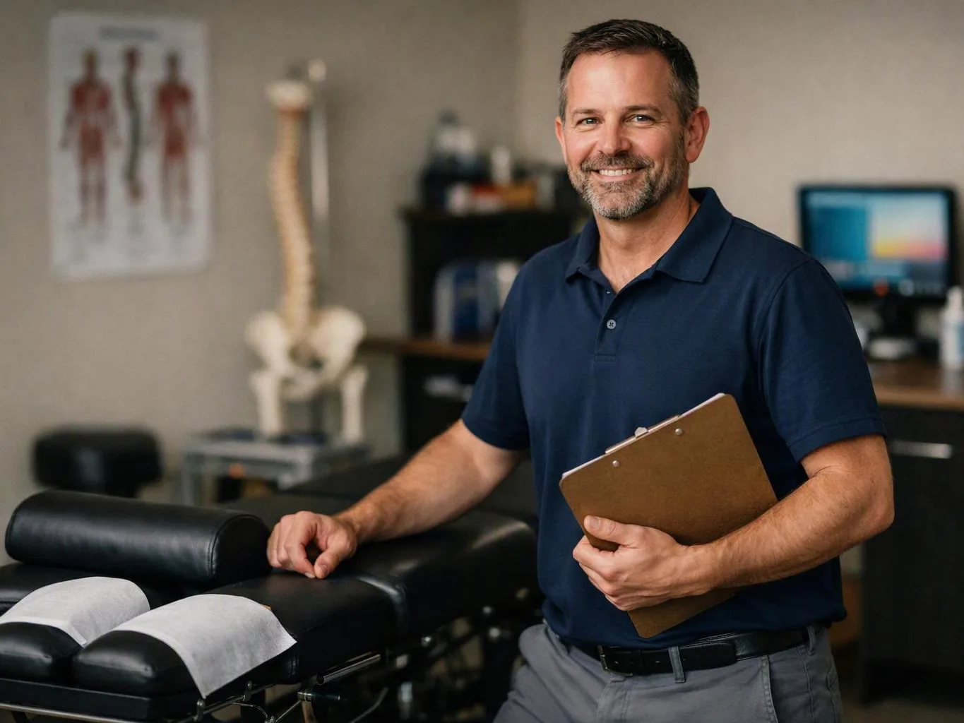 A smiling man in a navy polo holds a clipboard beside a chiropractic table in a clinic room