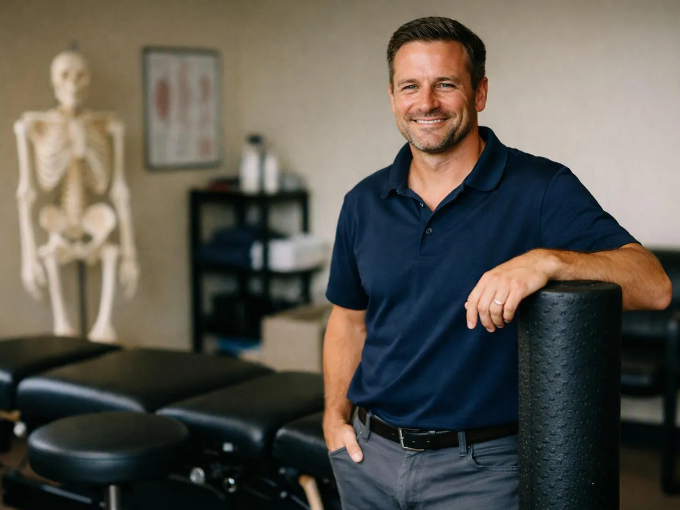 A smiling man in a navy polo stands beside a treatment table in a clinic room