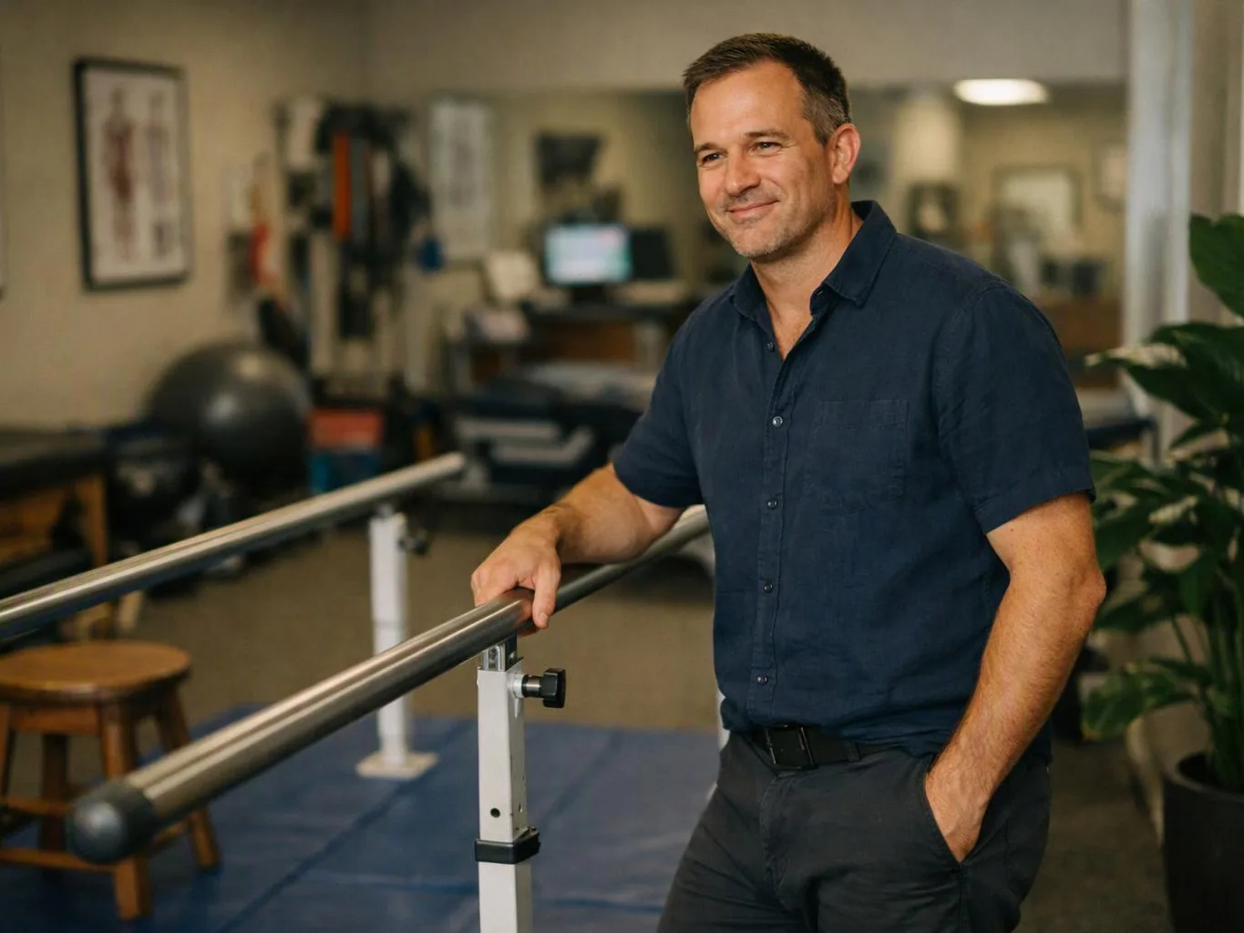 A smiling man stands beside a ballet barre in a gym or therapy studio, with exercise equipment blurred behind him