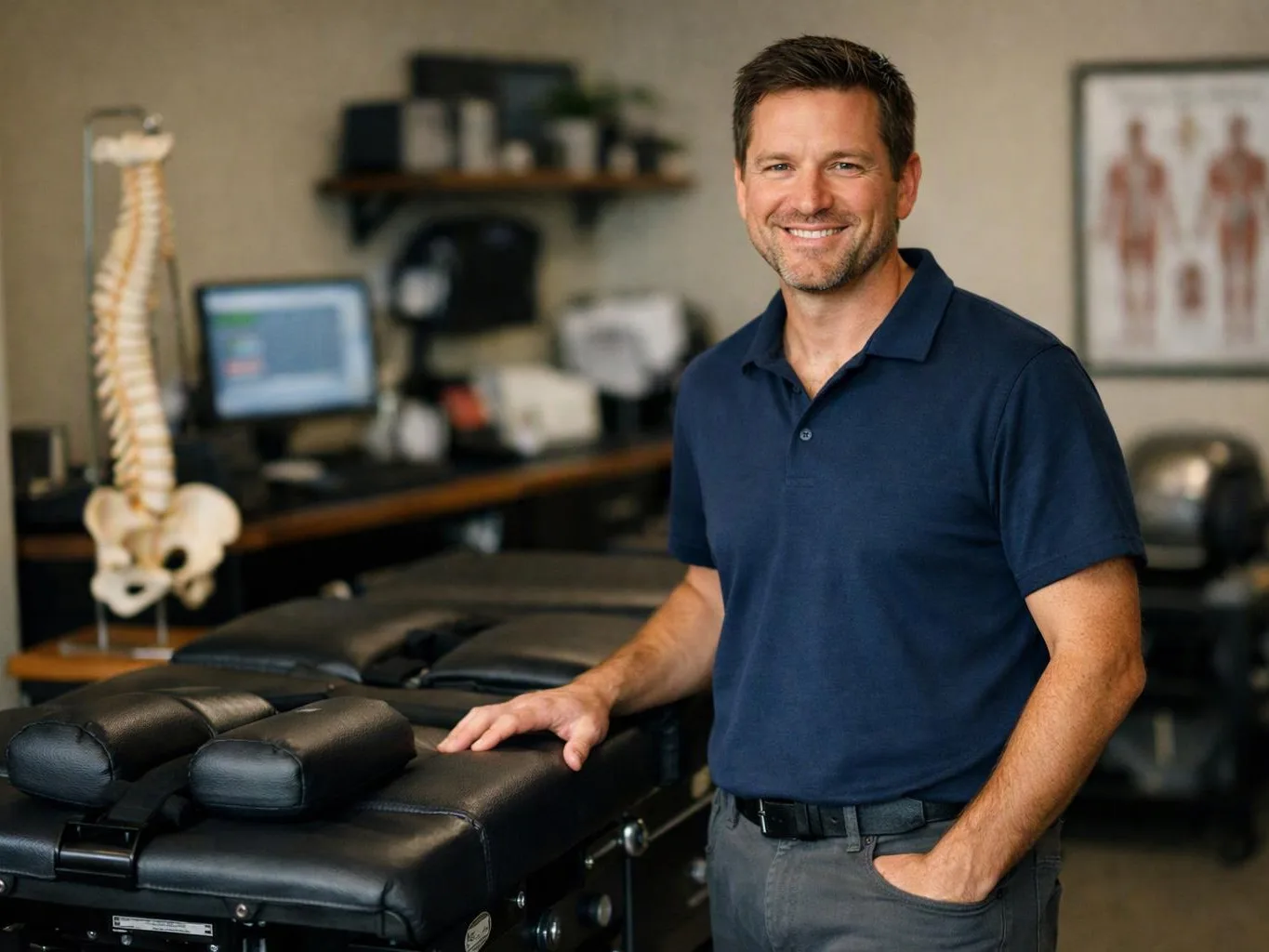 A smiling man stands beside a black treatment table in a clinic with a spine model and computer behind him