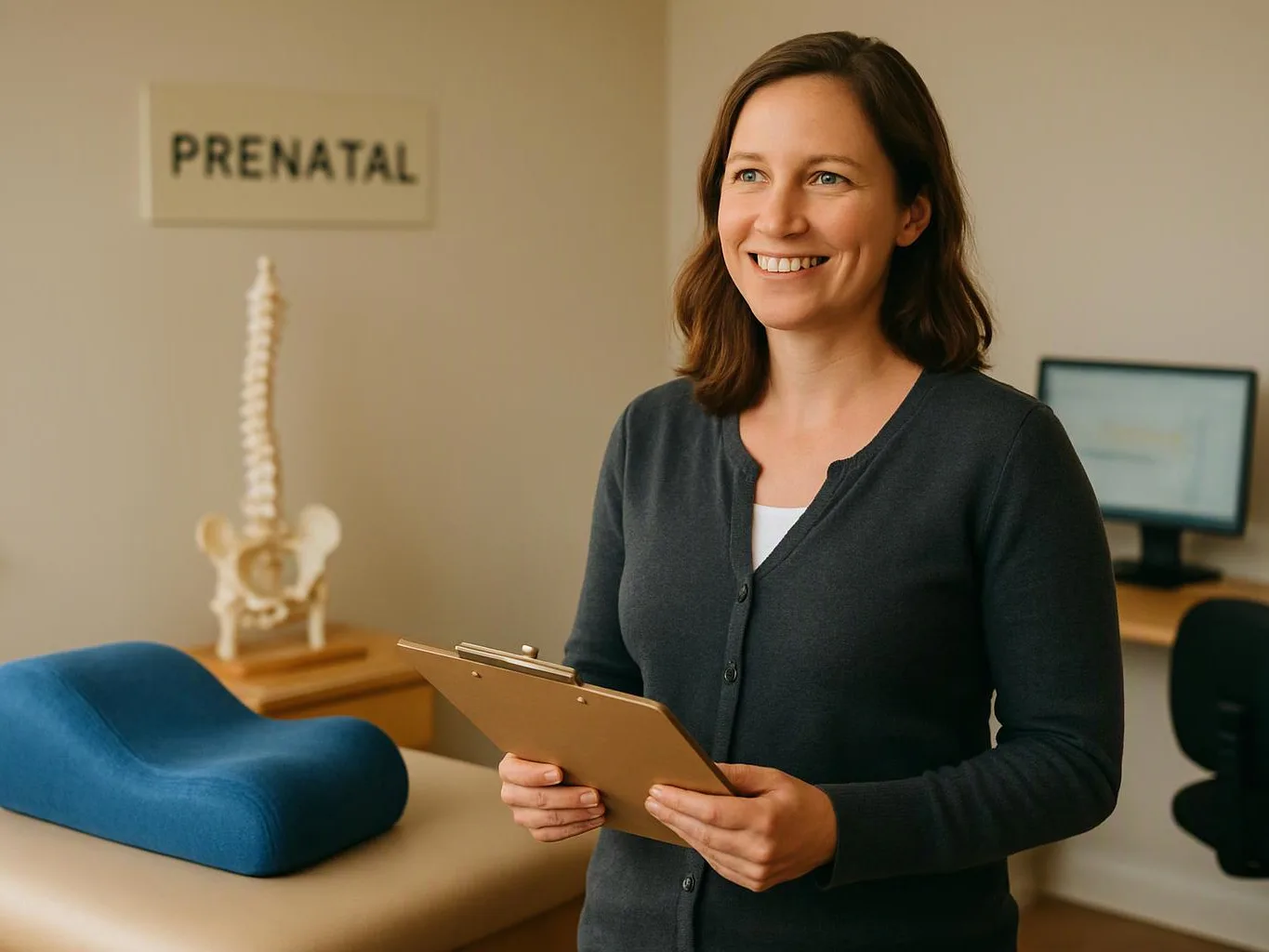 Smiling woman holds a clipboard in a prenatal exam room with a spine model and treatment table