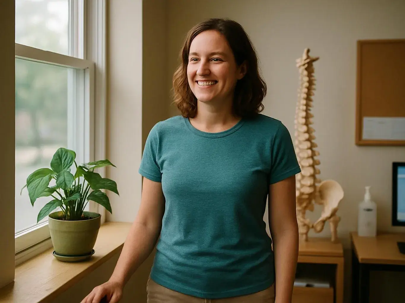 A smiling woman stands by a window with a potted plant, in a room with a spine model and desk