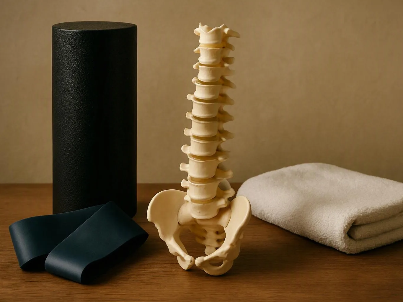 A spine model stands beside a black foam roller, exercise band, and folded towel on a wooden table