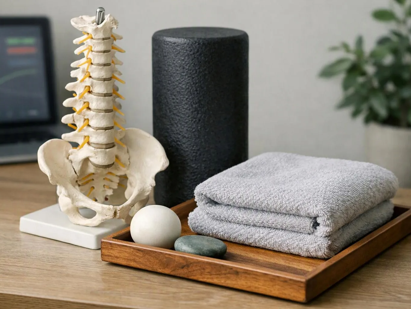 A spine model stands beside folded towels, massage stones, and a foam roller on a wooden table