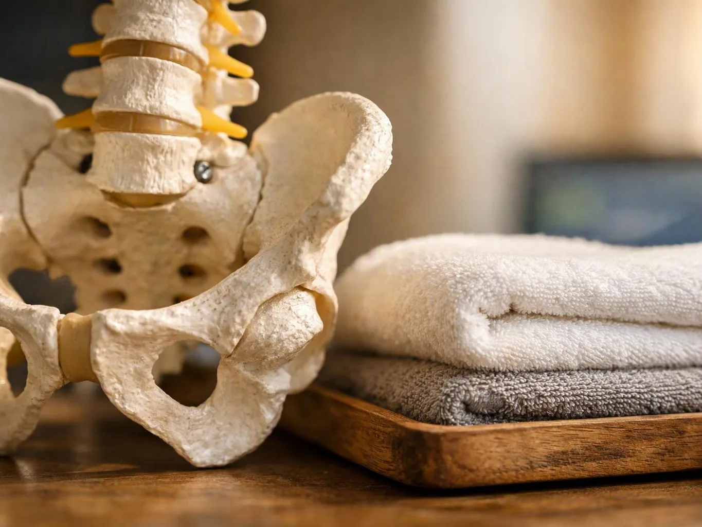 A spine and pelvis model sits beside folded towels on a wooden tray