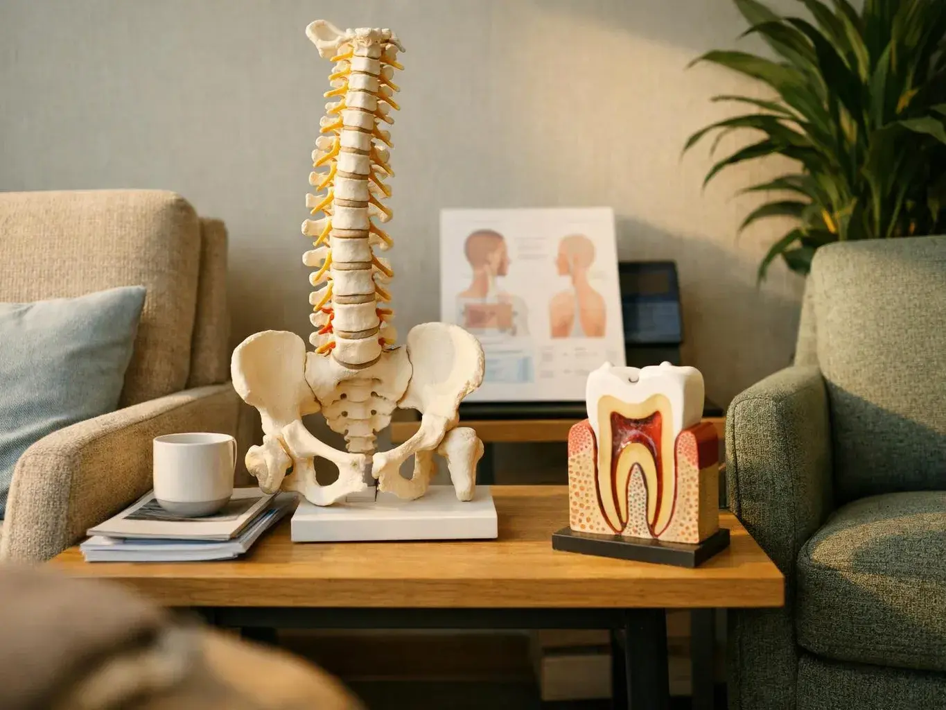A spine and pelvis model sits on a coffee table beside a tooth cross-section model in a cozy office setting