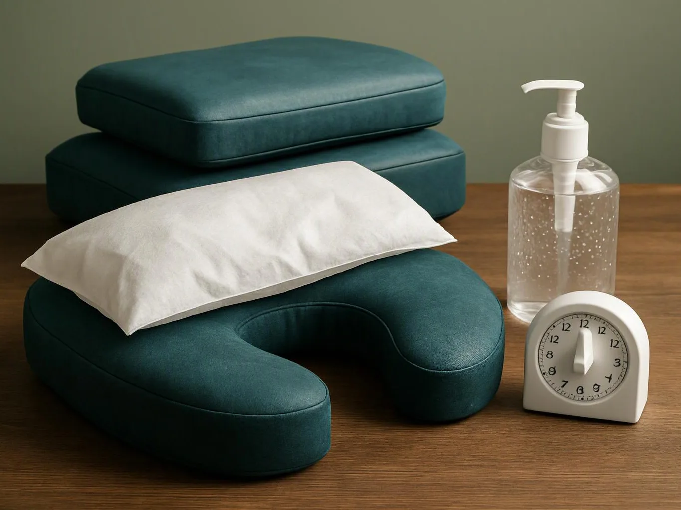 A teal neck pillow with a white eye mask sits beside hand sanitizer and a small clock on a wooden table